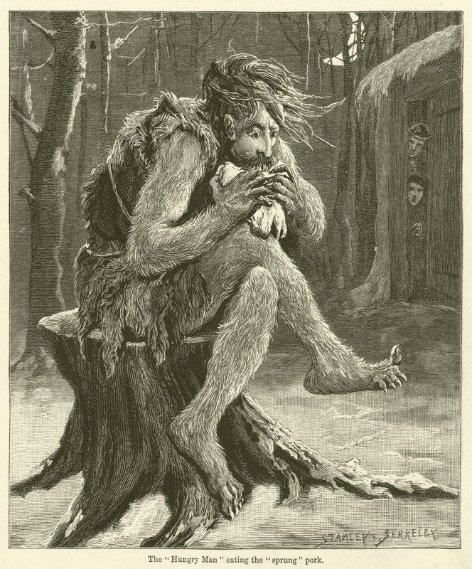"Hladový muž" pojídající "pružinové" vepřové maso (rytina) od English School