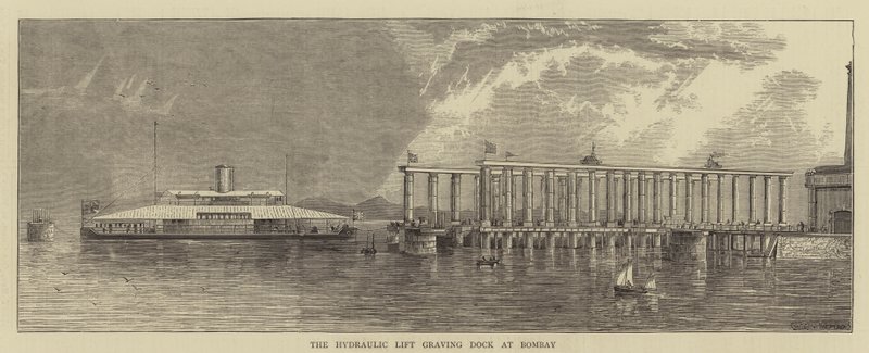The Hydraulic Lift Graving Dock v Bombaji (rytina) od English School