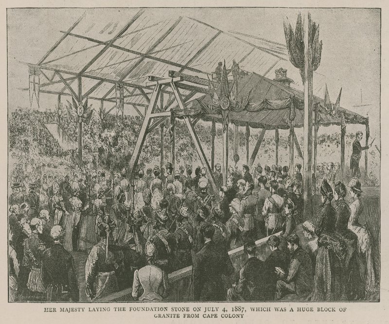 Imperial Institute: Její Veličenstvo položilo 4. července 1887 základní kámen, kterým byl obrovský blok žuly z Cape Colony od English School