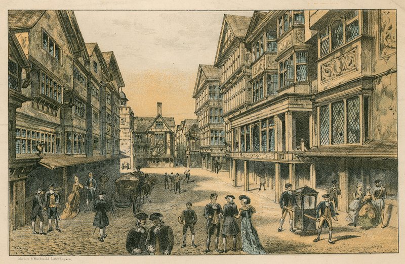 Mezinárodní výstava zdraví v South Kensington, 1884: stará londýnská ulice od English School