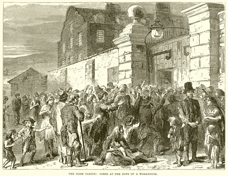 Irský hladomor: Scéna u brány Workhouse od English School