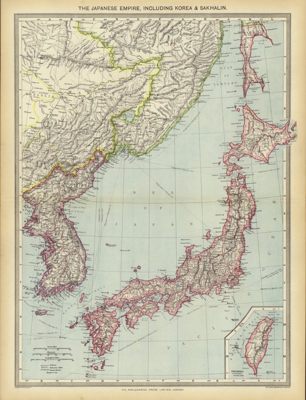 Japonská říše, včetně Koreje a Sachalin (barevné litho) od English School
