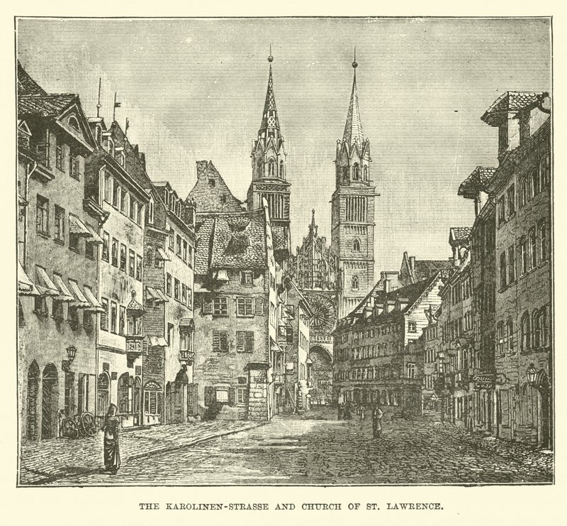 Karolinenstrasse a kostel svatého Vavřince od English School