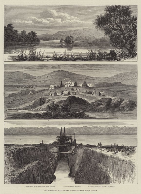Kimberley Waterworks, Diamond Fields, Jižní Afrika (rytina) od English School