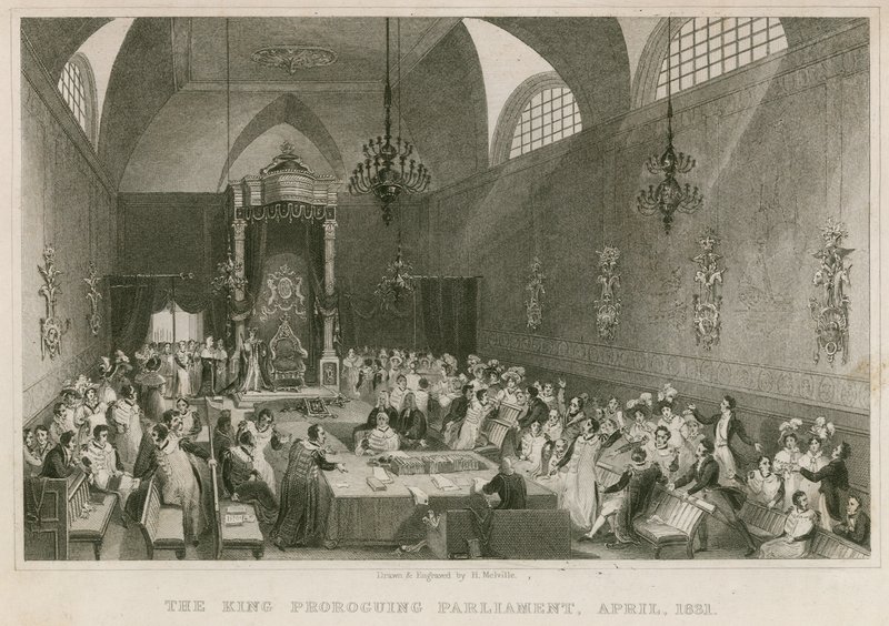 Král prorokuje parlament ve Sněmovně lordů, duben 1831 od English School