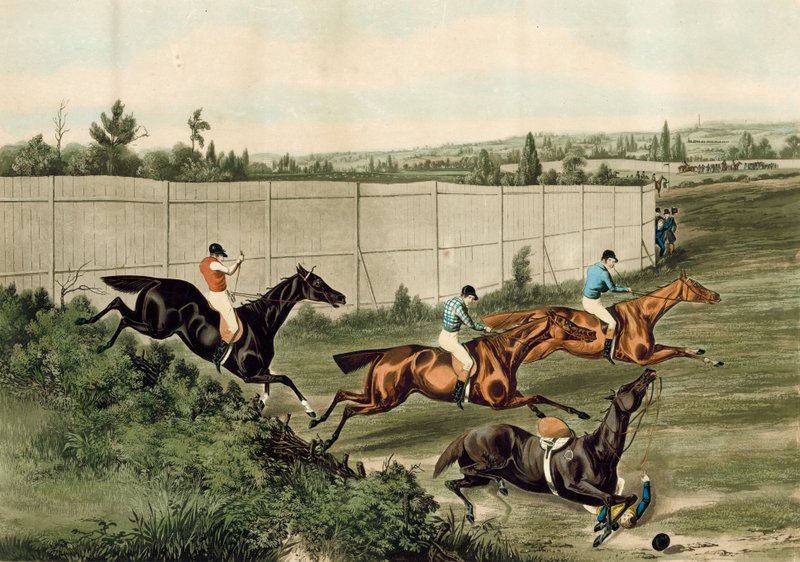 The Last Fence, představující poslední steeplechase, která se konala na dostihovém závodišti Hippodrome v Kensingtonu v Londýně. od English School