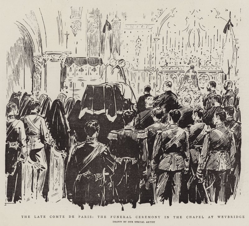 Pozdní Comte de Paris, pohřební obřad v kapli ve Weybridge (litho) od English School