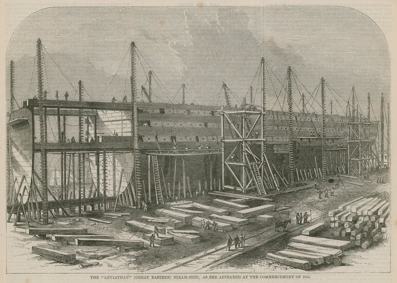 Parní loď Leviathan (Great Eastern), jak se objevila na začátku roku 1855 od English School