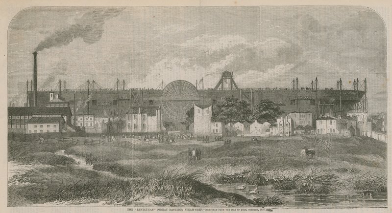 Parní loď Leviathan (Great Eastern), načrtnutá z Isle of Dogs, říjen 1857 od English School