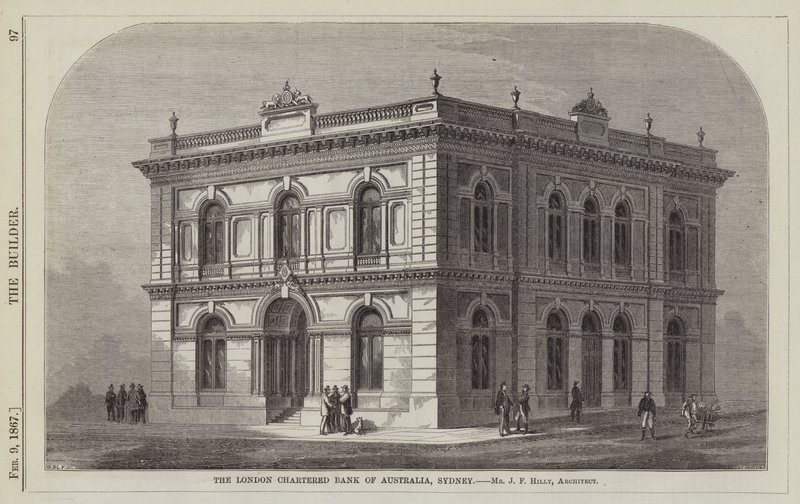 The London Chartered Bank of Australia, Sydney, pan J F Hilly, architekt (rytina) od English School