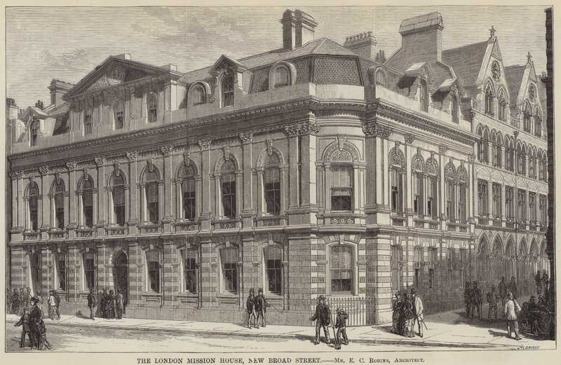 The London Mission House, New Broad Street (rytina) od English School