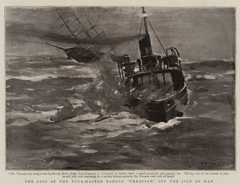 Ztráta čtyřstěžňové barque „Thracian“ u ostrova Man (litho) od English School