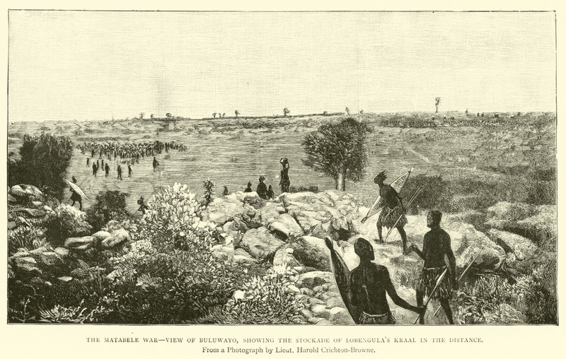 Válka Matabele, pohled na Bulawayo, ukazující v dálce hradbu Lobengula