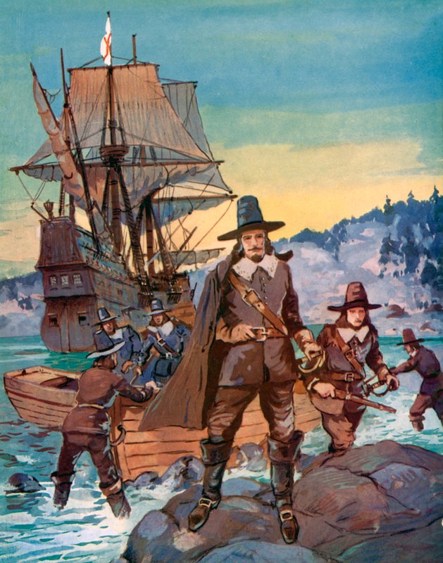 Mayflower a otcové poutníci (barevná litografie) od English School