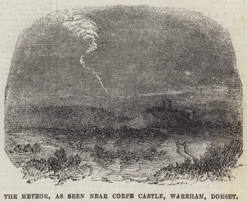 Meteor, jak je vidět poblíž hradu Corfe, Wareham, Dorset (rytina) od English School