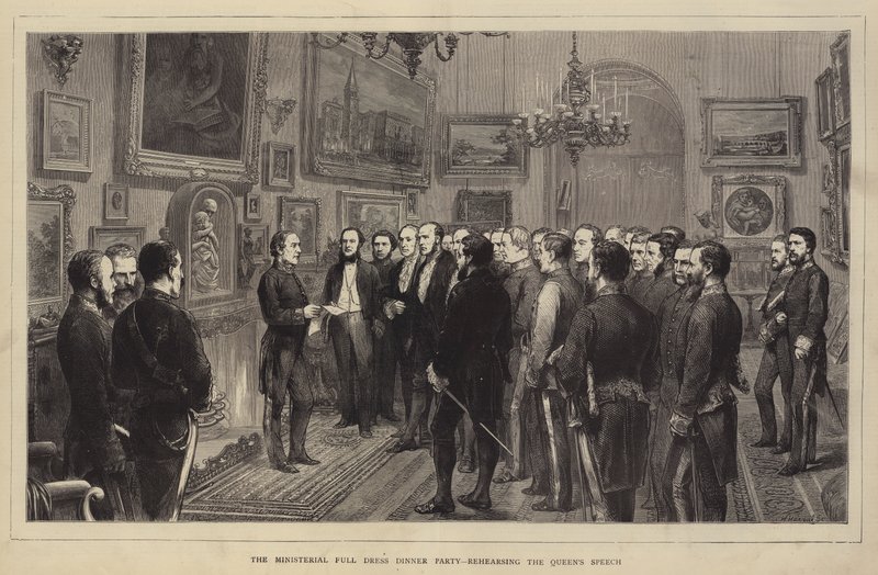 Ministerská večeře v plných šatech, nácvik královniny řeči (rytina) od English School