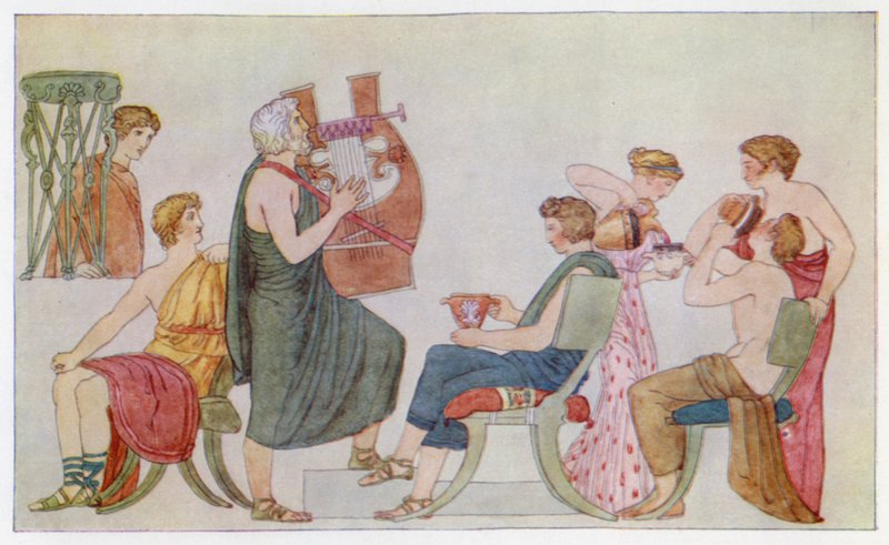 Minstrel zpívá nápadníkům (barevná litografie) od English School