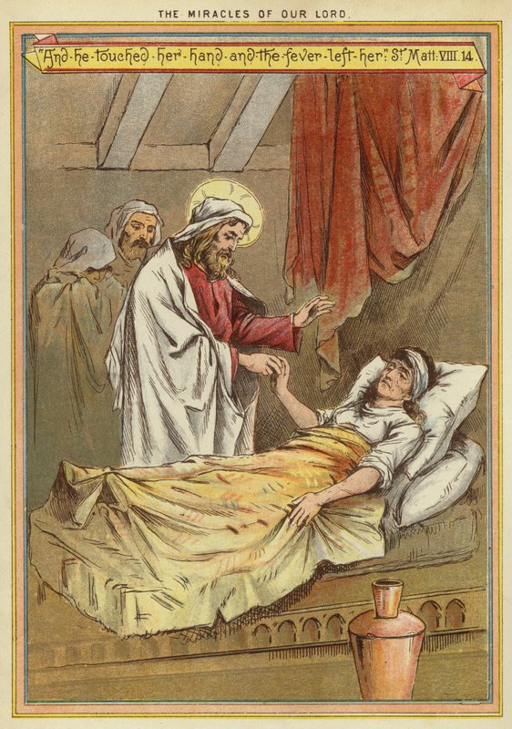 Zázraky Kristovy: vyléčení Petrovy tchyně z horečky (chromolitho) od English School