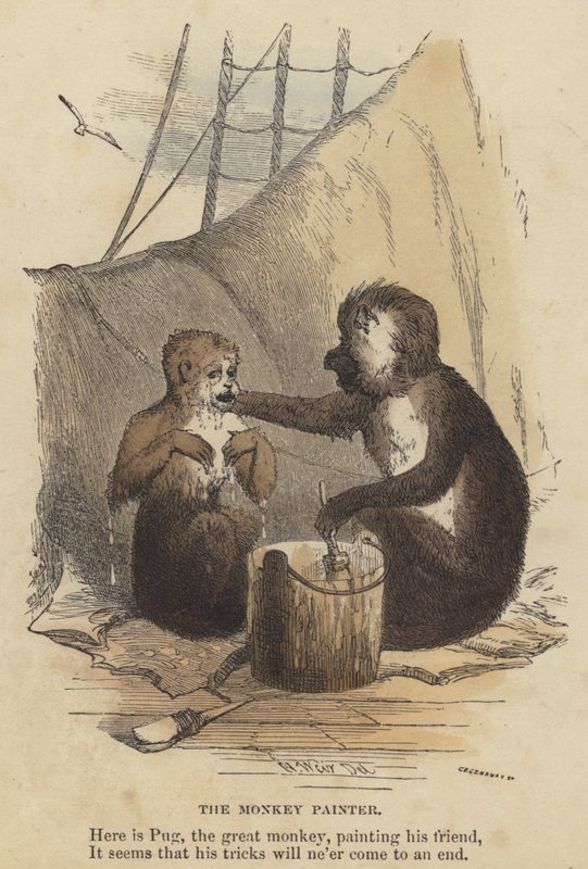 The Monkey Painter (barevná rytina) od English School