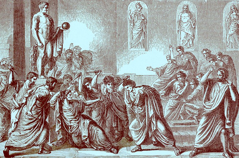 Vražda Julia Caesara, ilustrace z Ilustrovaných dějin světa, vydaných kolem roku 1880 (digitálně upravený obrázek) od English School