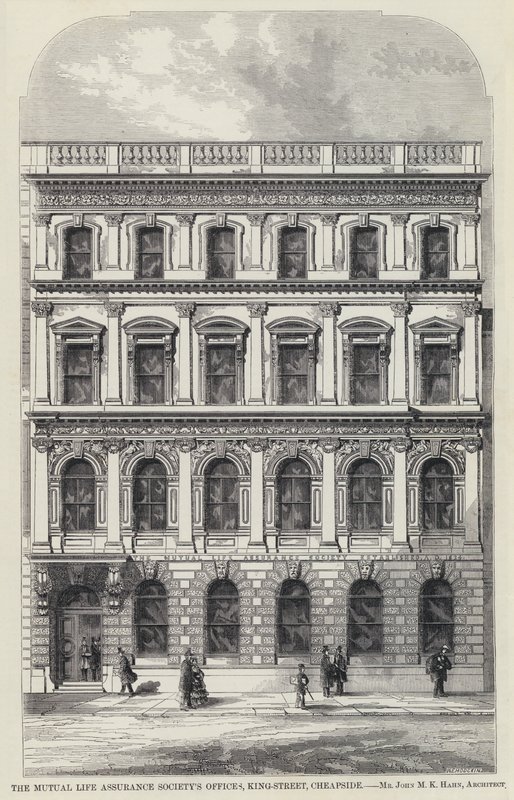 Kanceláře společnosti Mutual Life Assurance Society, King-Street, Cheapside (rytina) od English School