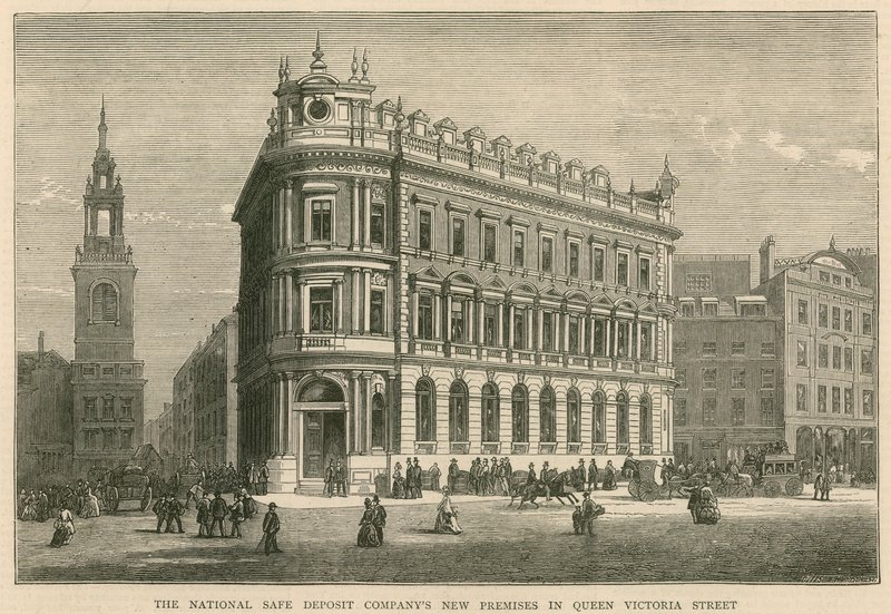 Nové prostory společnosti National Safe Deposit Companies na Queen Victoria Street v Londýně od English School