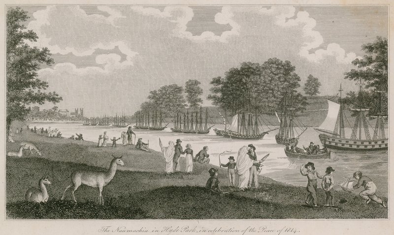 Naumachia v Hyde Parku na oslavu míru z roku 1814 od English School