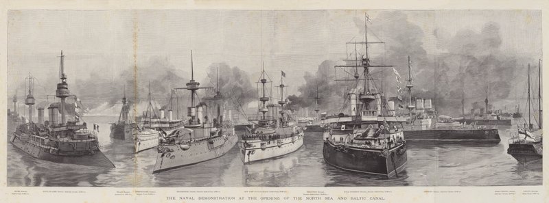 Námořní demonstrace při otevření Severního moře a Baltského kanálu (rytina) od English School