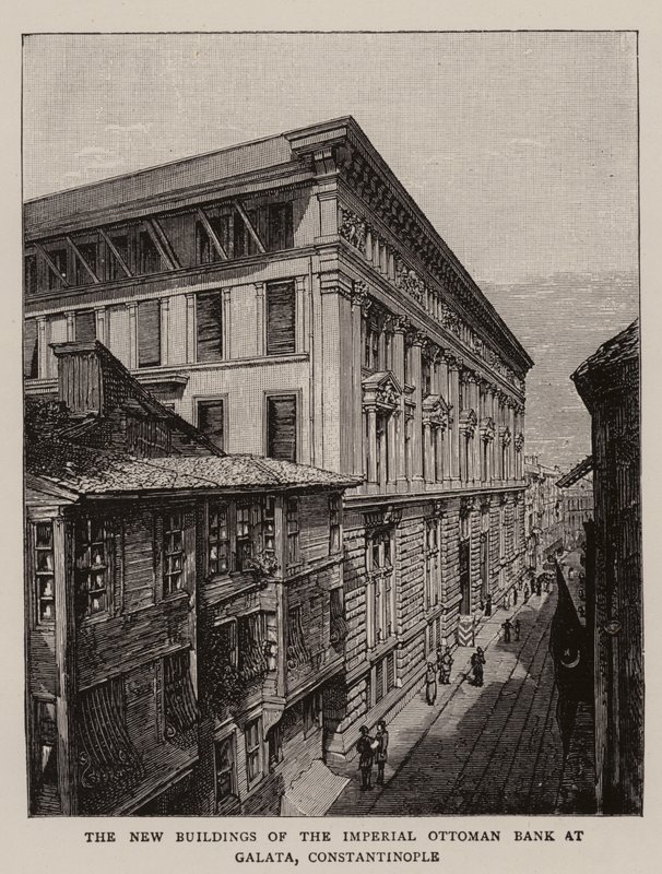 Nové budovy Imperial Osman Bank v Galata, Konstantinopol (rytina) od English School