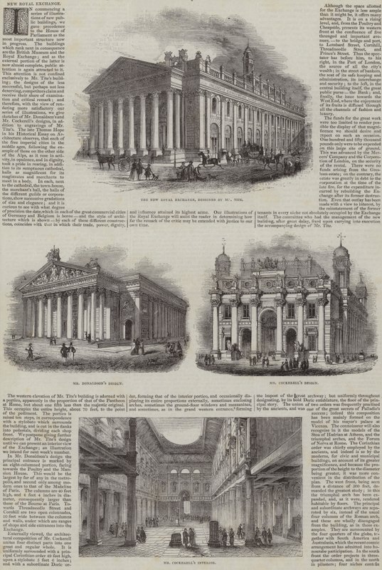 The New Royal Exchange, London, s alternativními vzory (rytina) od English School