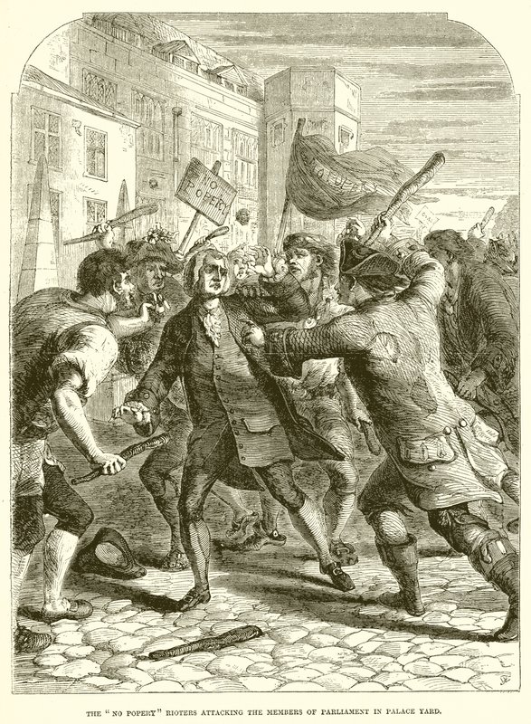 The No Popery Rioters útočí na členy parlamentu v Palace Yardu od English School