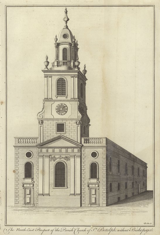 Severovýchodní prospekt farního kostela St Botolph bez Bishopsgate, Londýn od English School