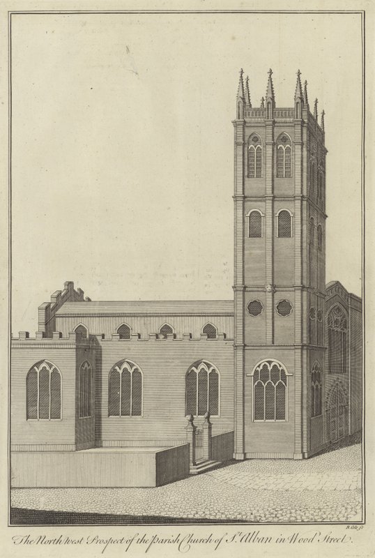 Severozápadní prospekt farního kostela St Alban na Wood Street v Londýně od English School