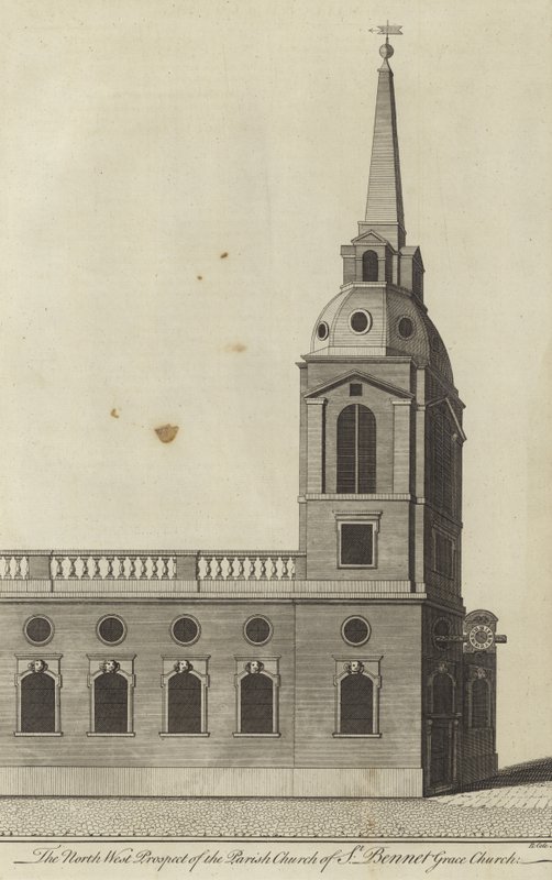 Severozápadní prospekt farního kostela St Benet Gracechurch, Londýn od English School