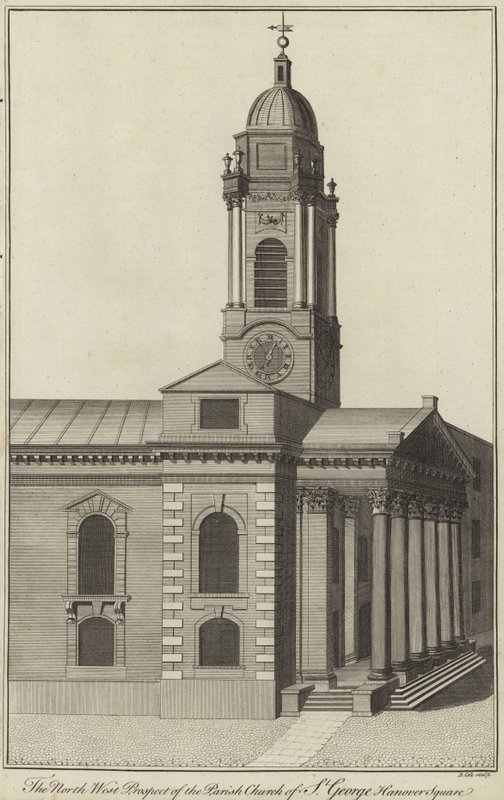 Severozápadní prospekt farního kostela svatého Jiří, Hanover Square, Londýn od English School