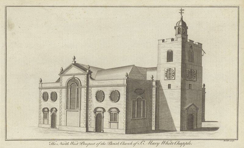 Severozápadní prospekt farního kostela St Mary Whitechapel v Londýně od English School