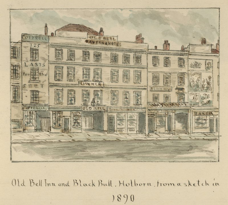 The Old Bell Inn a Black Bull, Holborn, Londýn (wc na papíře) od English School