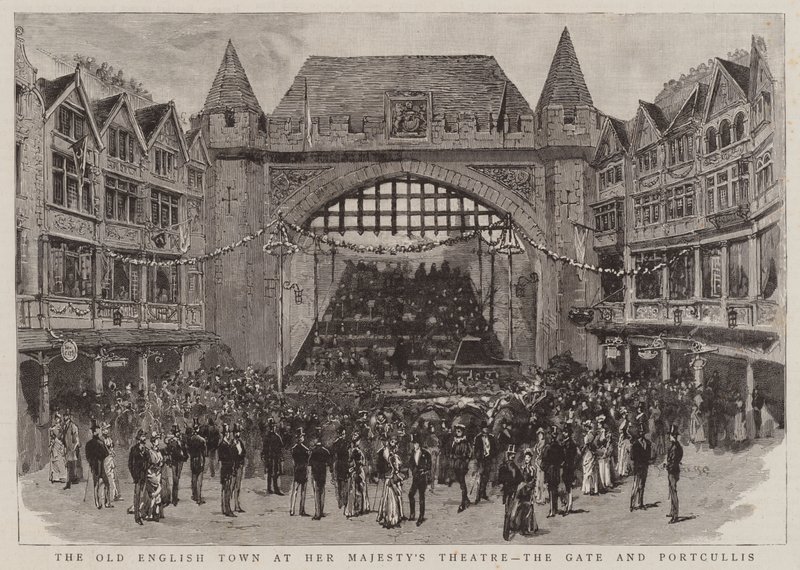 Staré anglické město v divadle Jejího Veličenstva, Brána a Portcullis (rytina) od English School