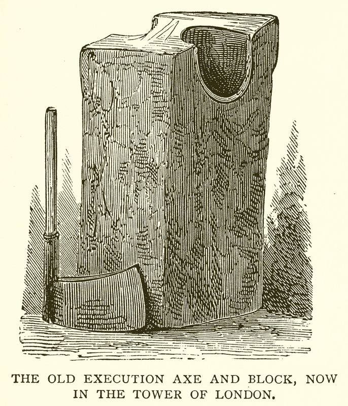 The Old Execution Axe and Block, nyní v Tower of London od English School