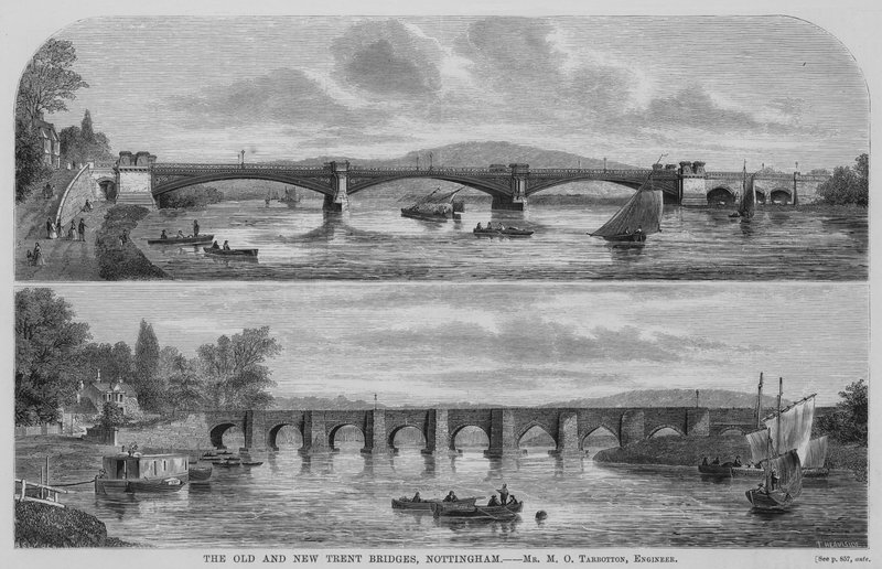The Old and New Trent Bridges, Nottingham (rytina) od English School