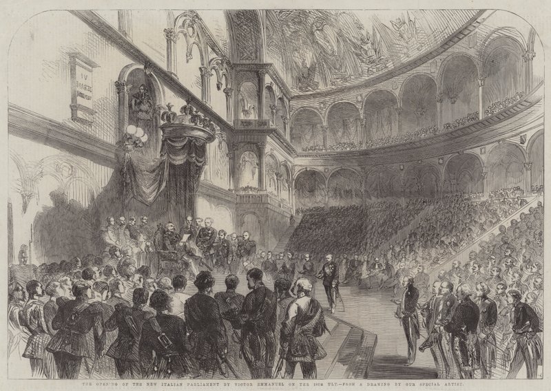 Otevření nového italského parlamentu Victor Emmanuel dne 18. Ult (rytina) od English School