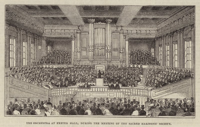 Orchestr v Exeter Hall, během setkání Sacred Harmonic Society od English School