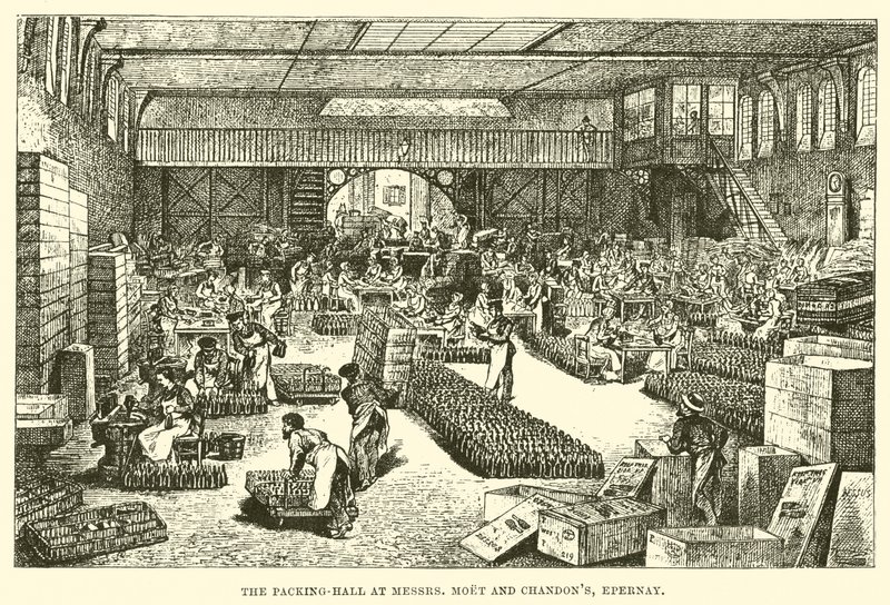 Balící hala v pánech Moet a Chandon, Epernay (rytina) od English School