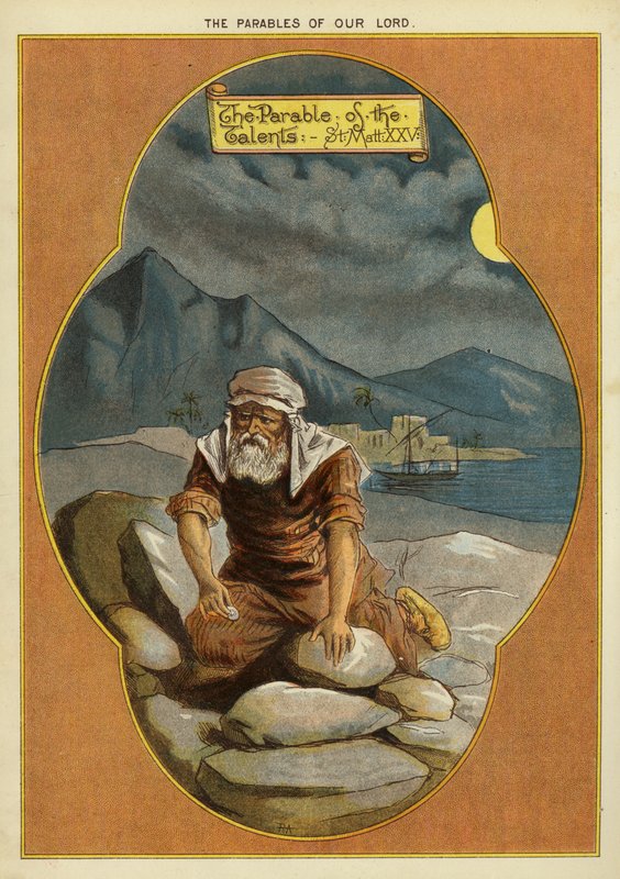 Podobenství o Kristu: Podobenství o pytlích zlata (chromolitho) od English School