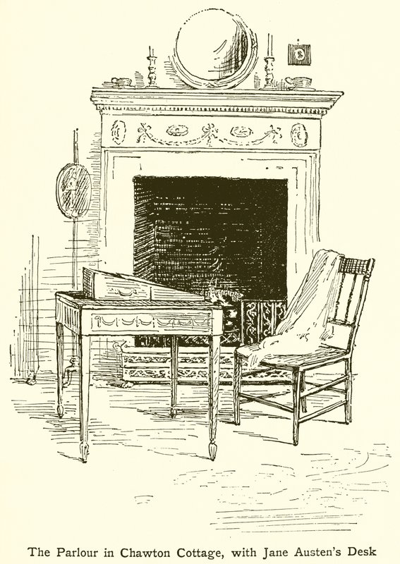 Salon v Chawton Cottage, s pultem Jane Austensové od English School