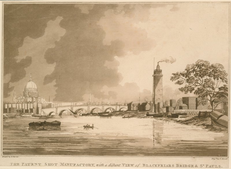 Patent Shot Manufactury, s dalekým výhledem na Blackfriars Bridge a St Pauls v Londýně od English School