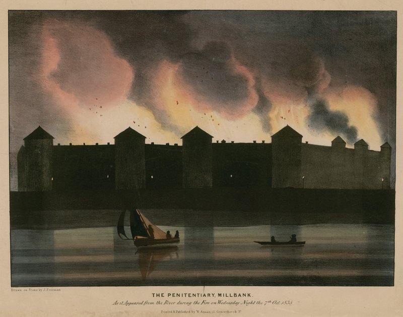 Penitentiary, Millbank, Londýn, jak se objevila z řeky během požáru v noci 7. října 1835 od English School