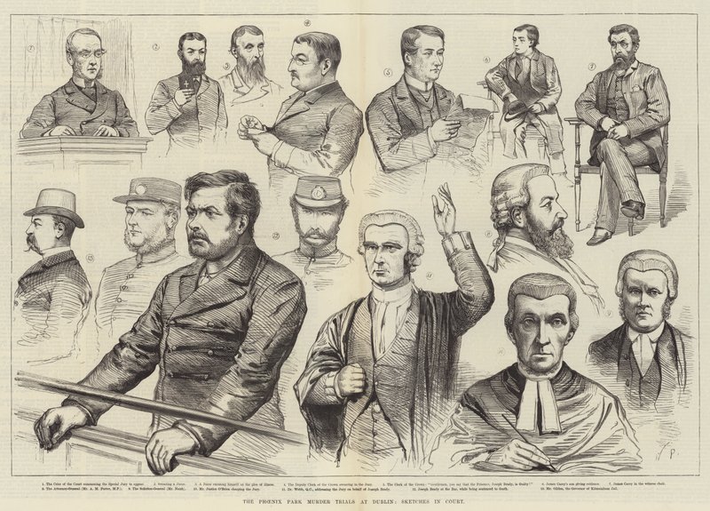 The Phoenix Park Murder Trials v Dublinu, Sketches in Court od English School