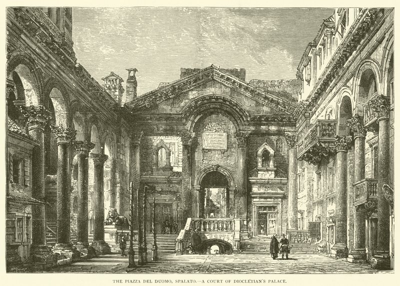 Piazza del Duomo, Spalato, Dvůr Diokleciánova paláce (rytina) od English School