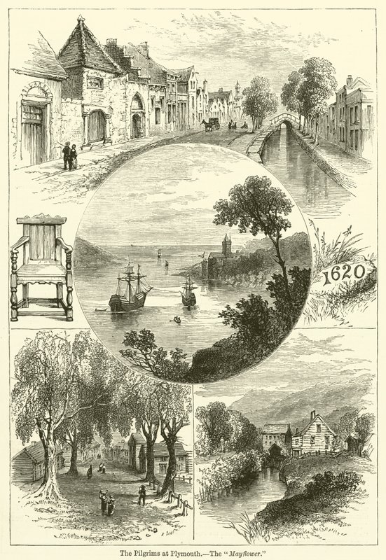 The Pilgrims at Plymouth, The "Mayflower" (rytina) od English School